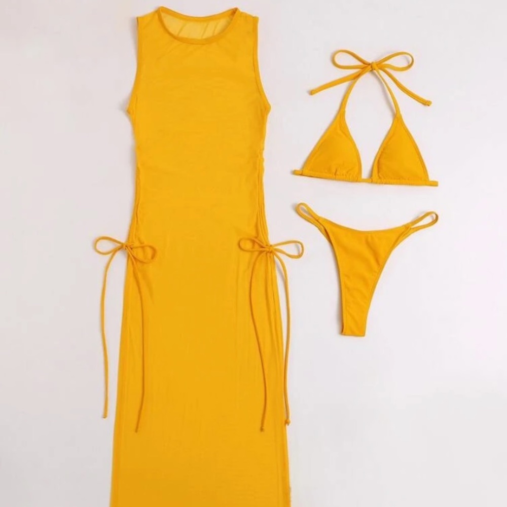 3pack Halter Bikini Swimsuit & Mesh Cover Up